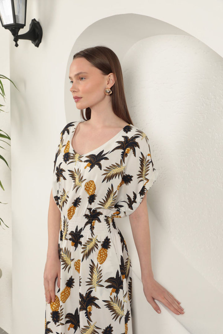 KKT Viscose Pineapple Patterned Dress-Ecru - San Juan Cancuc