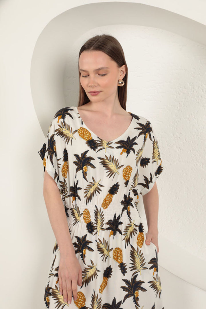 KKT Viscose Pineapple Patterned Dress-Ecru - San Juan Cancuc