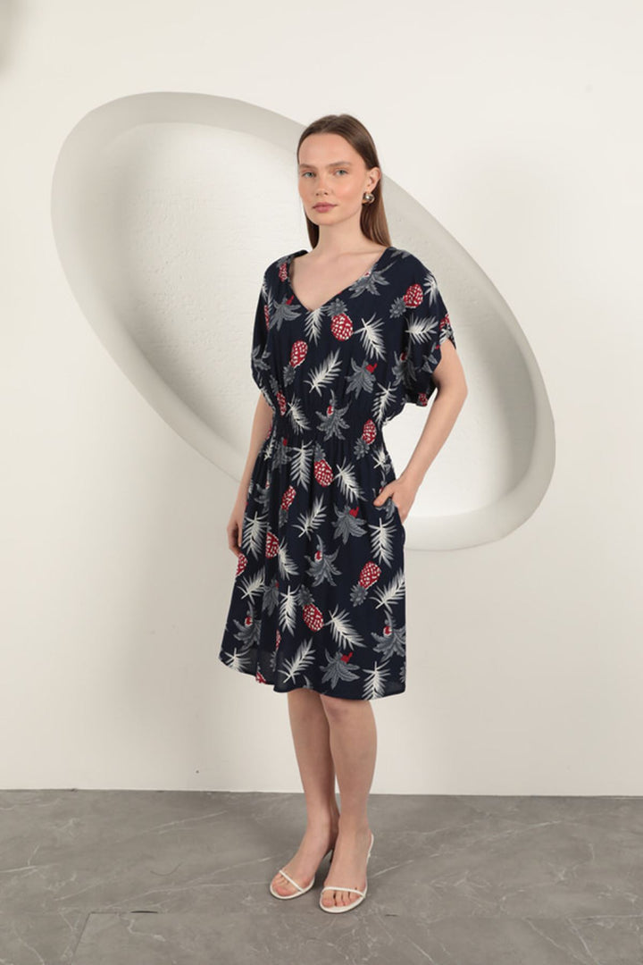 KKT Viscose Pineapple Patterned Dress-Navy Blue - Arucas