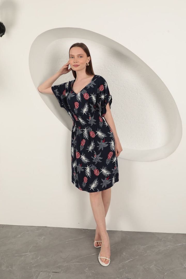 KKT Viscose Pineapple Patterned Dress-Navy Blue - Arucas