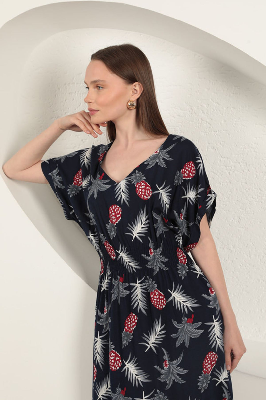 KKT Viscose Pineapple Patterned Dress-Navy Blue - Arucas