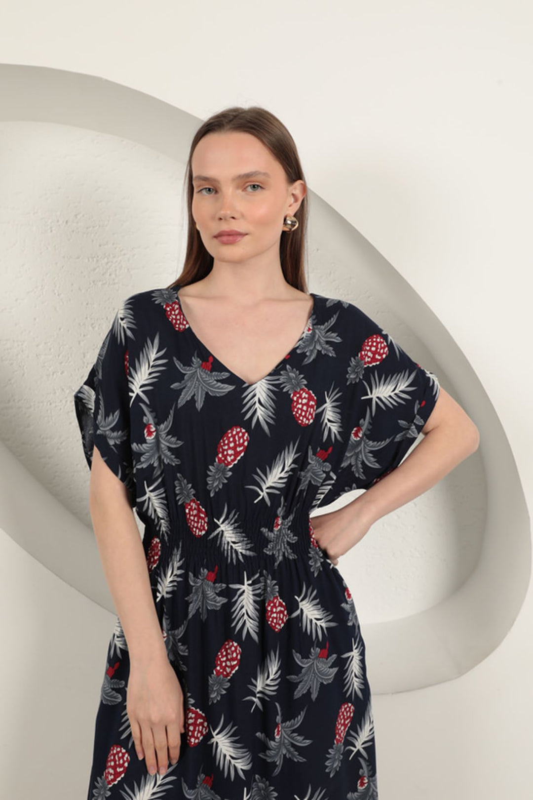 KKT Viscose Pineapple Patterned Dress-Navy Blue - Arucas