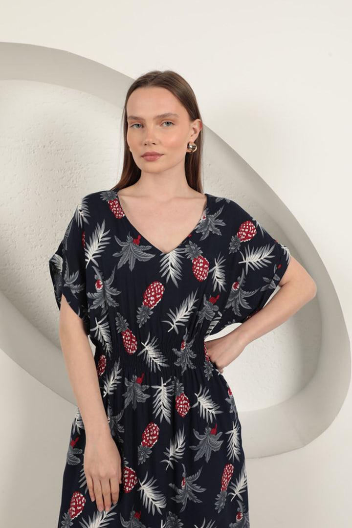 KKT Viscose Pineapple Patterned Dress-Navy Blue - Arucas