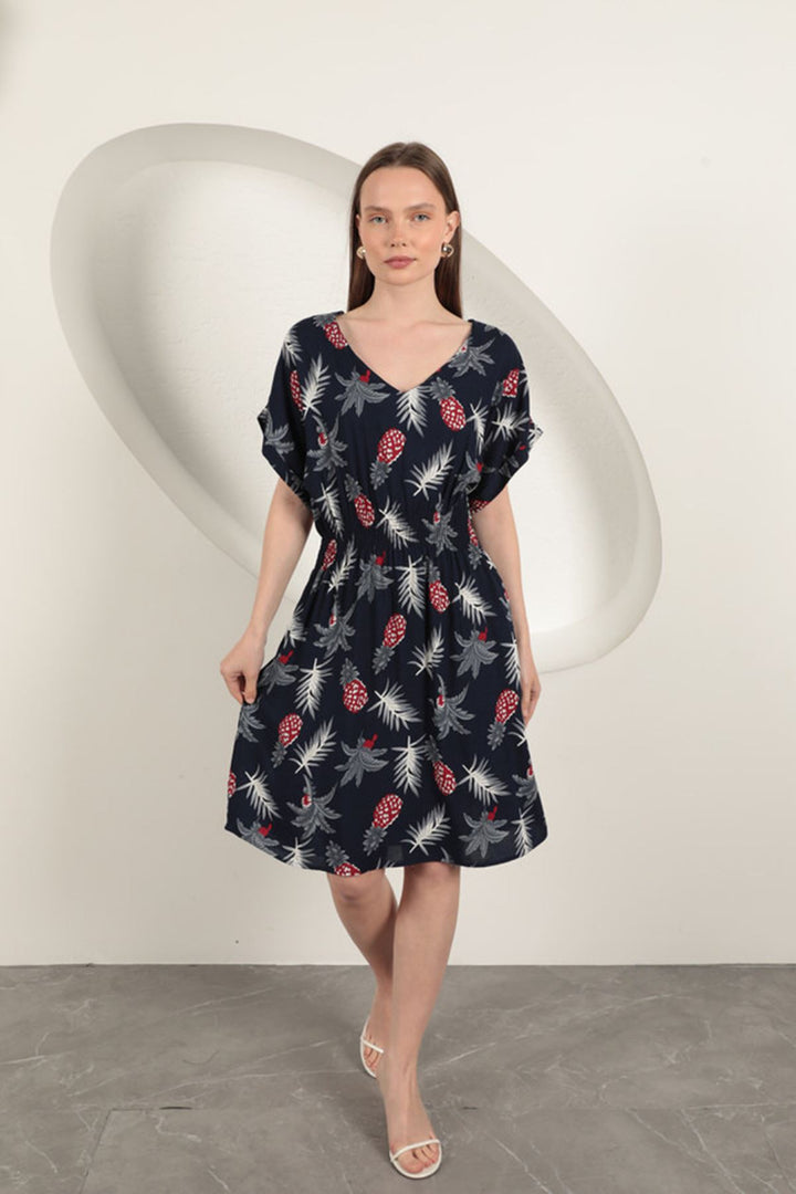 KKT Viscose Pineapple Patterned Dress-Navy Blue - Arucas