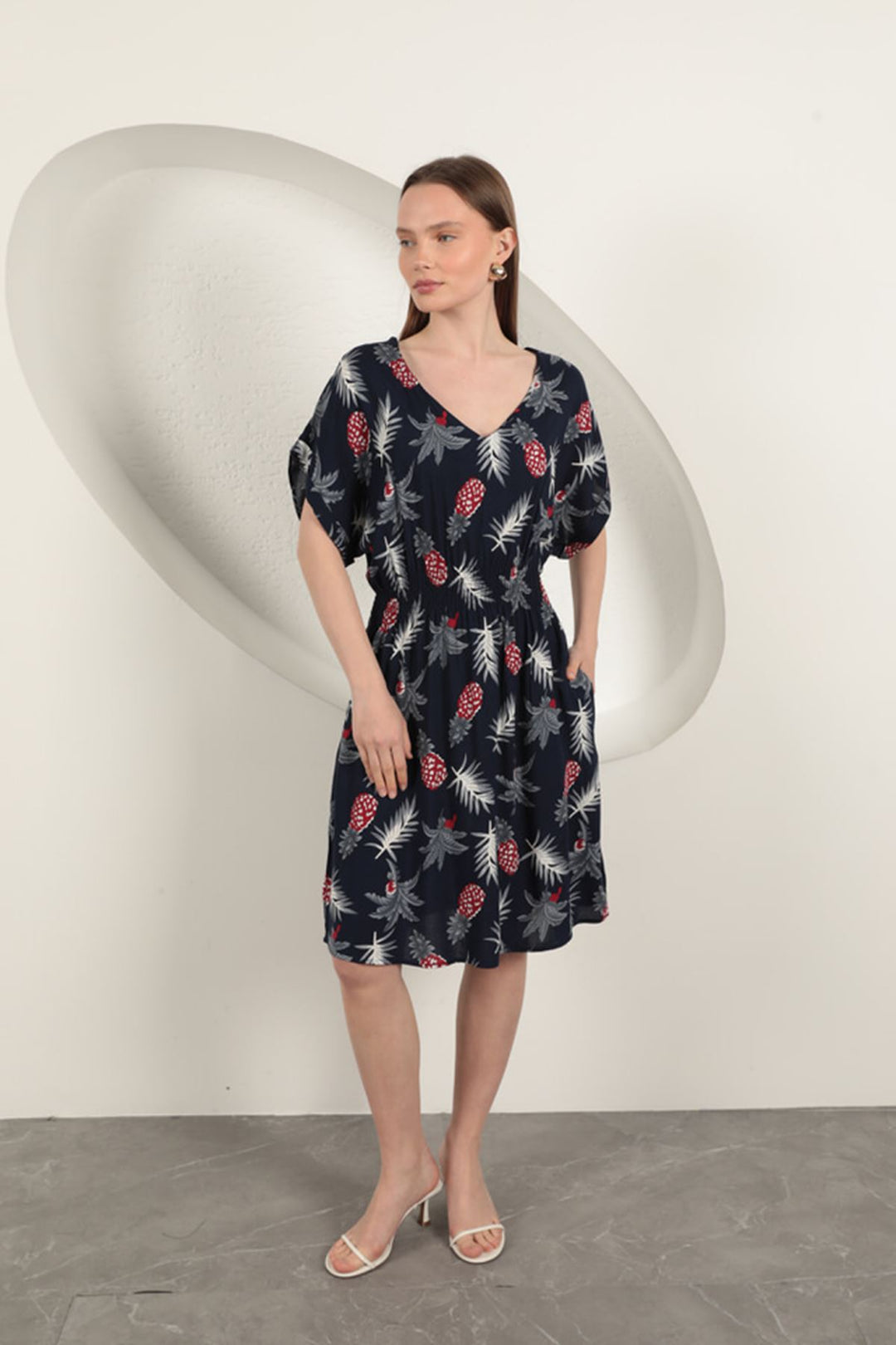 KKT Viscose Pineapple Patterned Dress-Navy Blue - Arucas