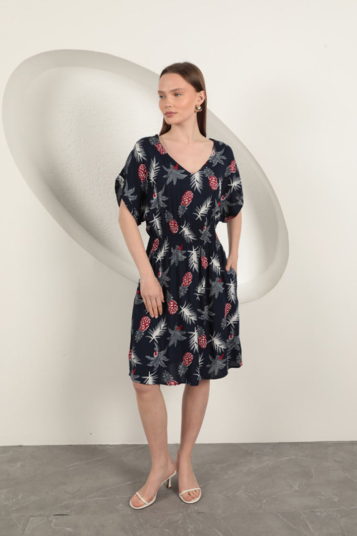 KKT Viscose Pineapple Patterned Dress-Navy Blue - Arucas