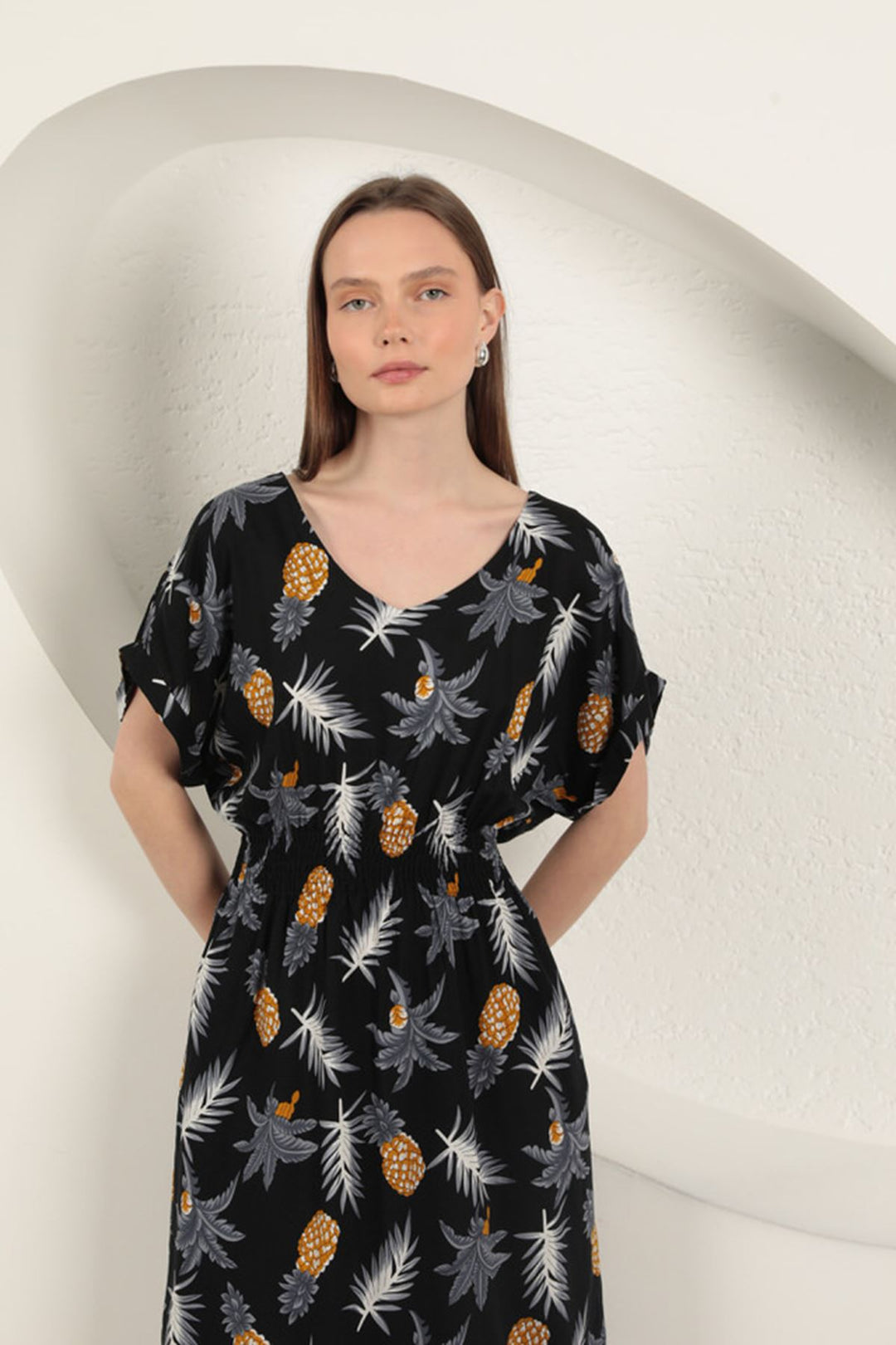 KKT Viscose Pineapple Patterned Dress-Black - Messina