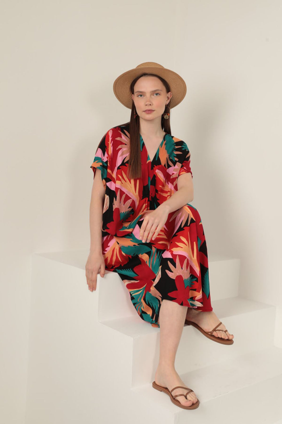 KKT Viscose Fabric Pleated Dress-Orange - Caen