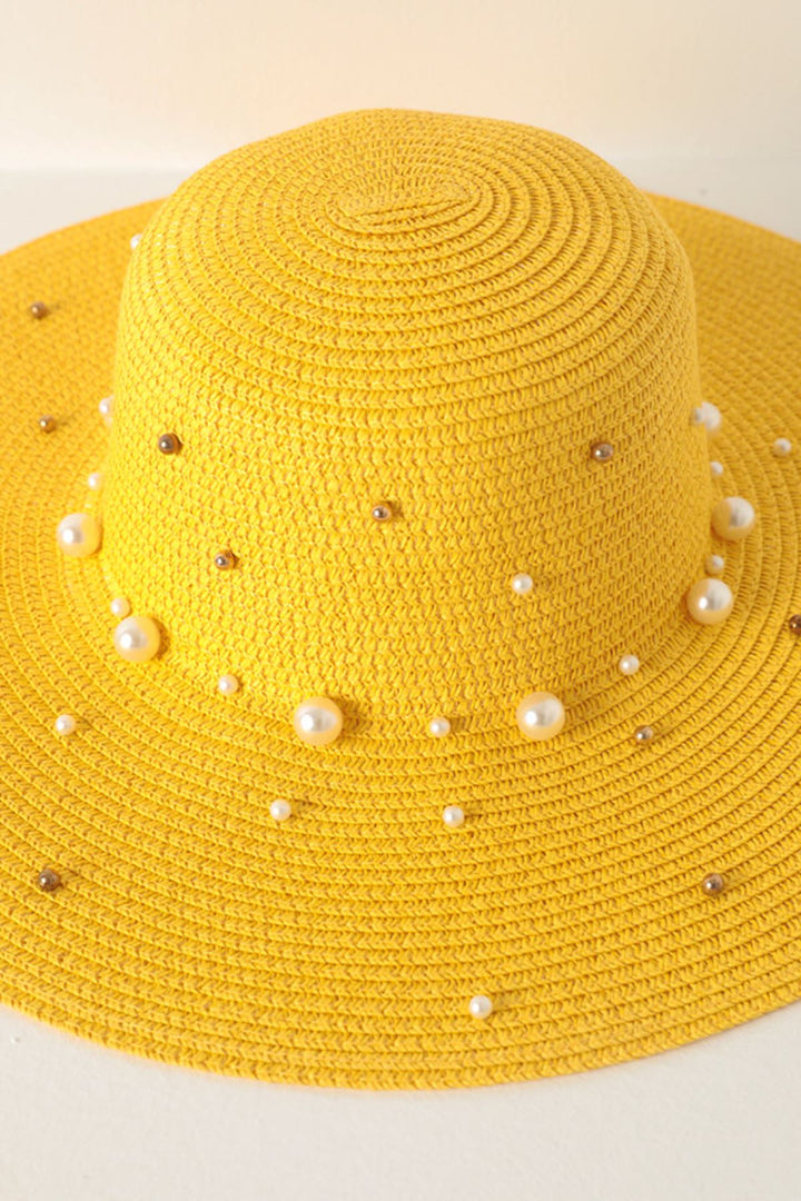 KKT Pearled Straw Women's Hat-Yellow - Deurne