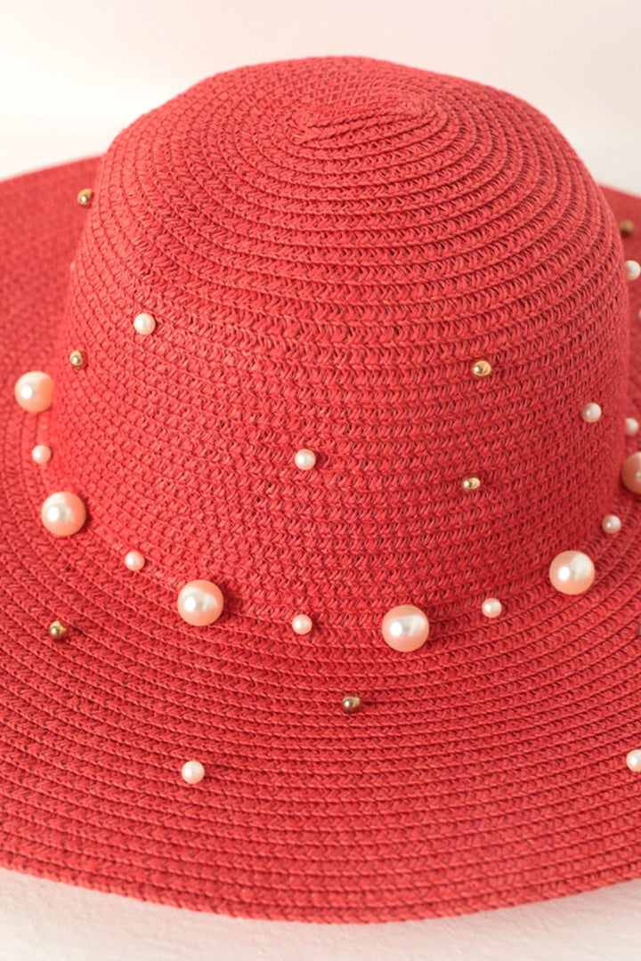 KKT Pearled Straw Women's Hat-Red - Chino Hills