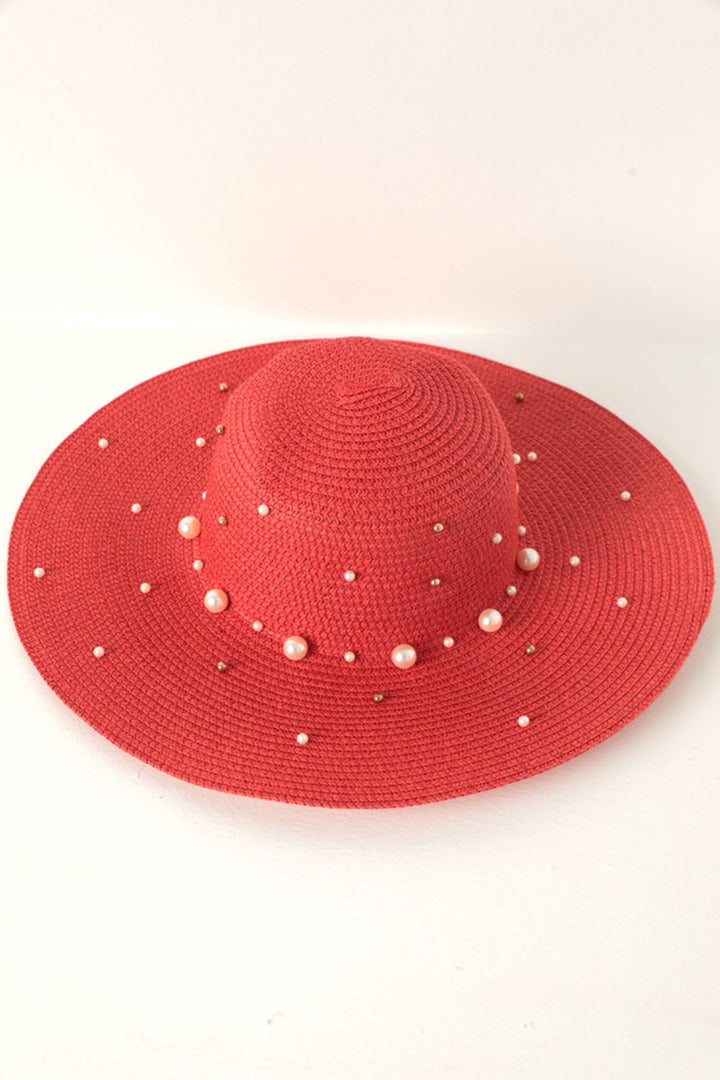 KKT Pearled Straw Women's Hat-Red - Chino Hills
