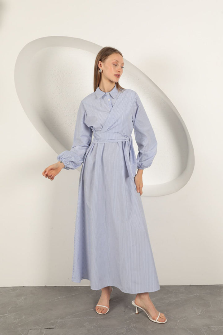 KKT Striped Tie Detail Dress-Blue - Waalwijk