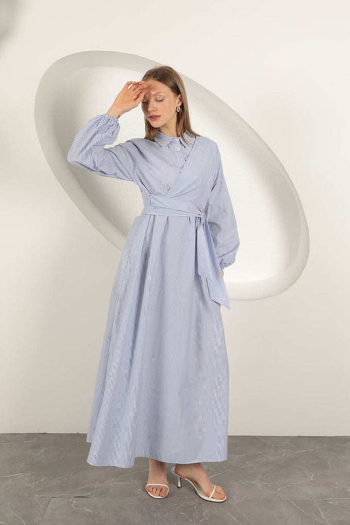 KKT Striped Tie Detail Dress-Blue - Waalwijk