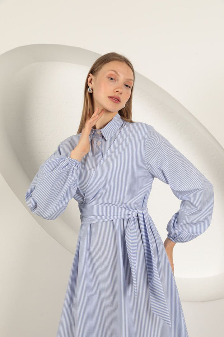 KKT Striped Tie Detail Dress-Blue - Waalwijk