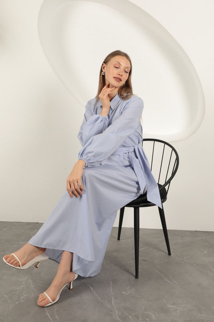 KKT Striped Tie Detail Dress-Blue - Waalwijk