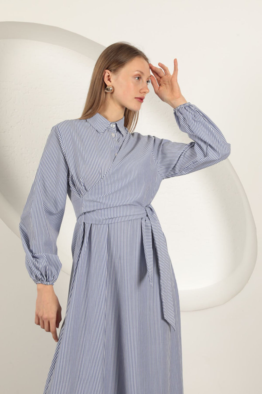 KKT Striped Tie Detail Dress-Sax - Waterford