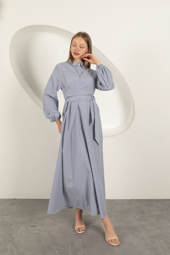 KKT Striped Tie Detail Dress-Sax - Waterford