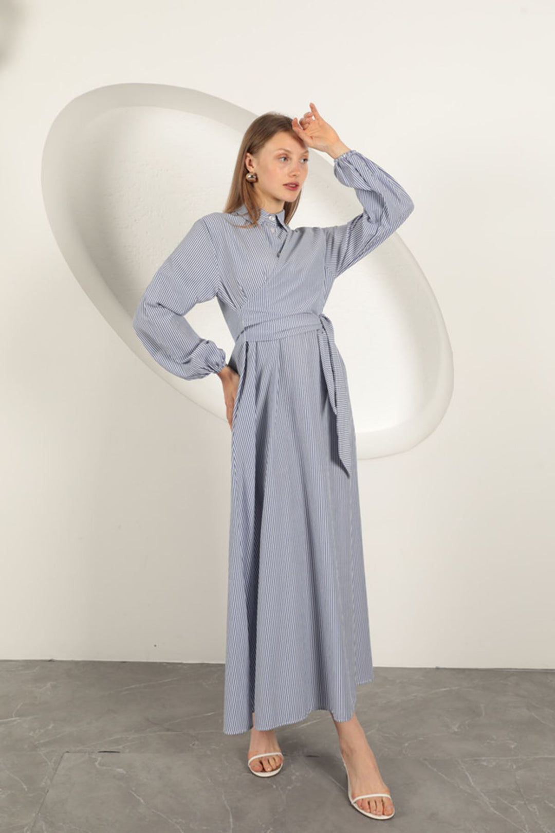 KKT Striped Tie Detail Dress-Sax - Waterford