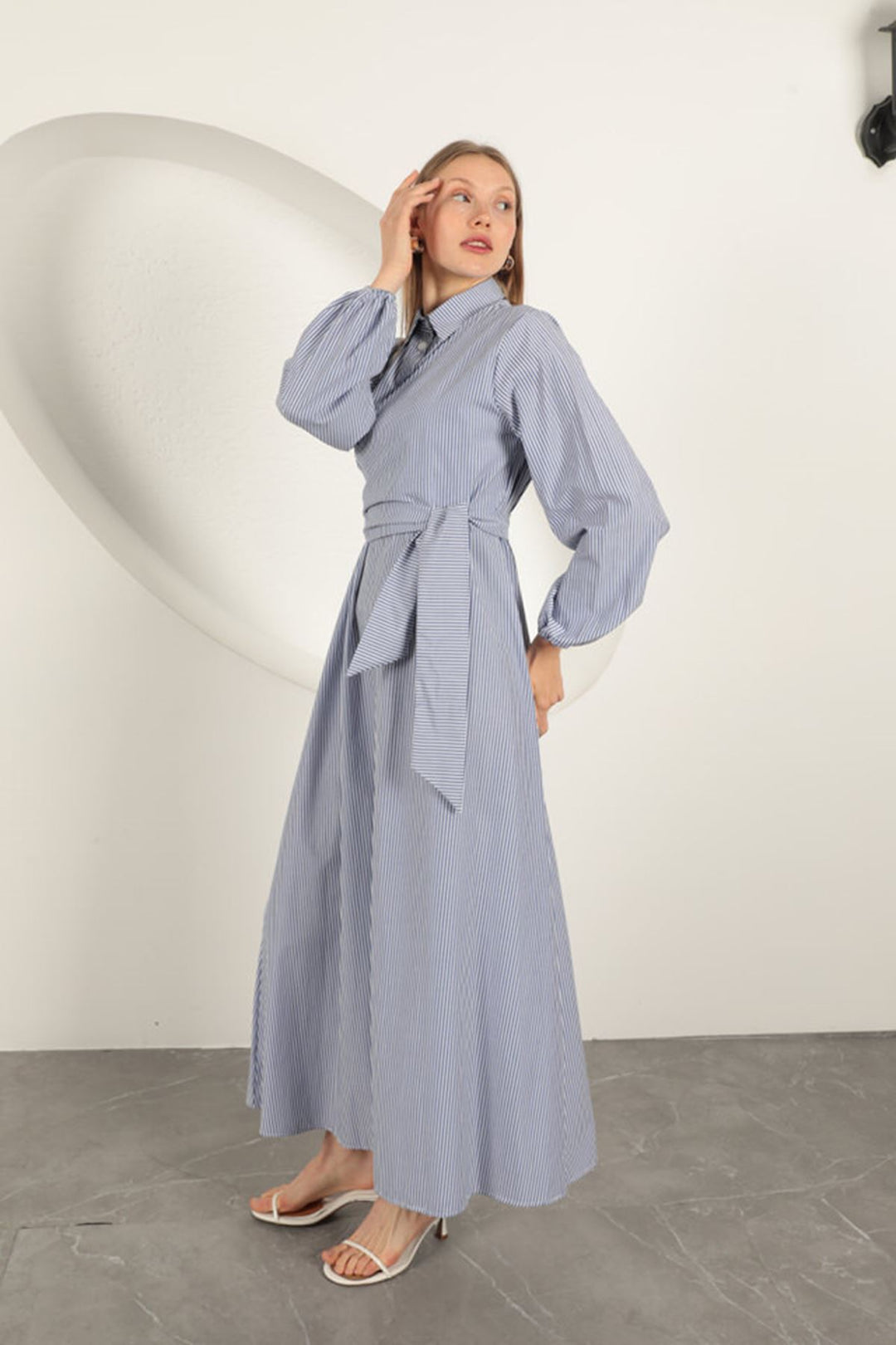 KKT Striped Tie Detail Dress-Sax - Waterford