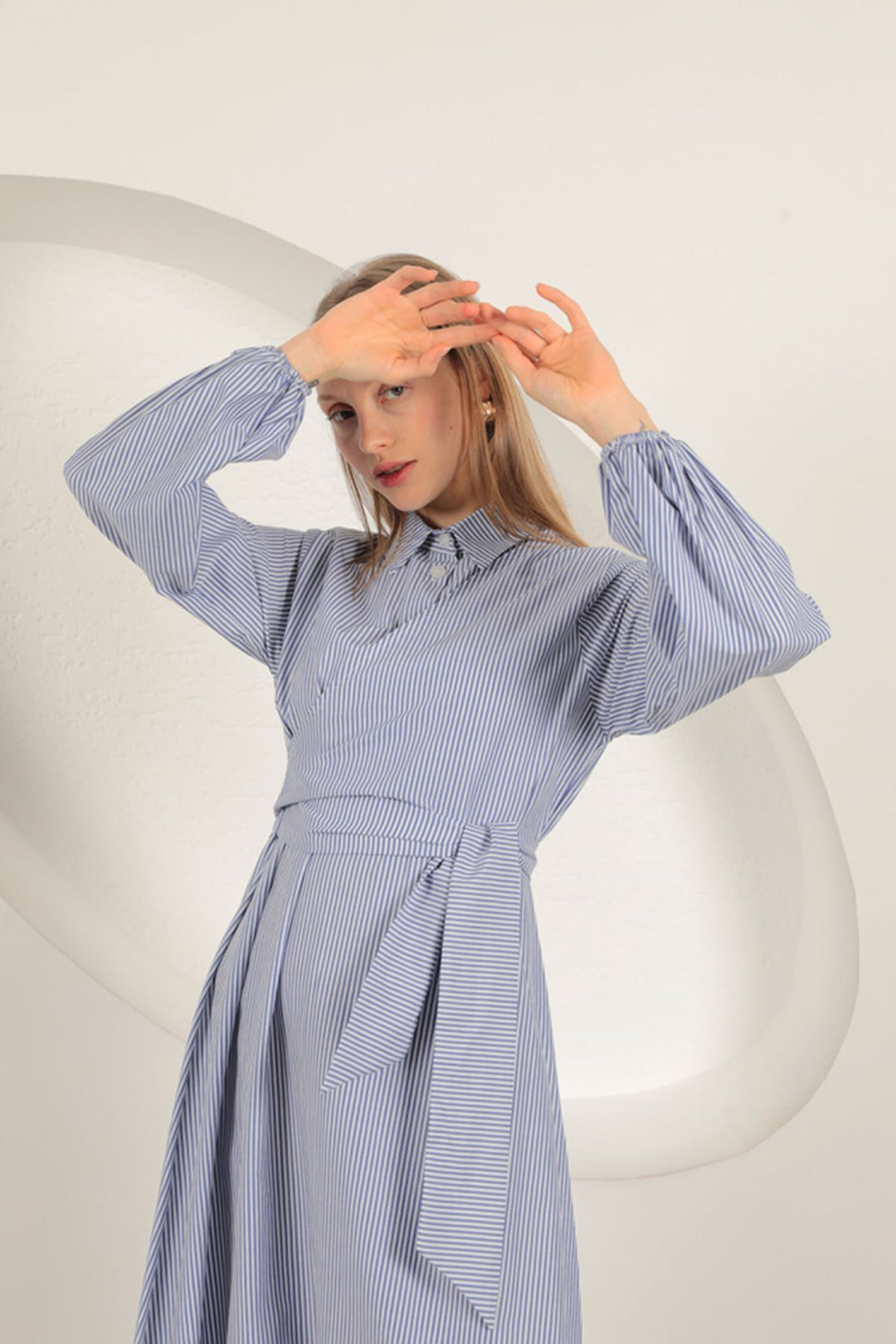 KKT Striped Tie Detail Dress-Sax - Waterford