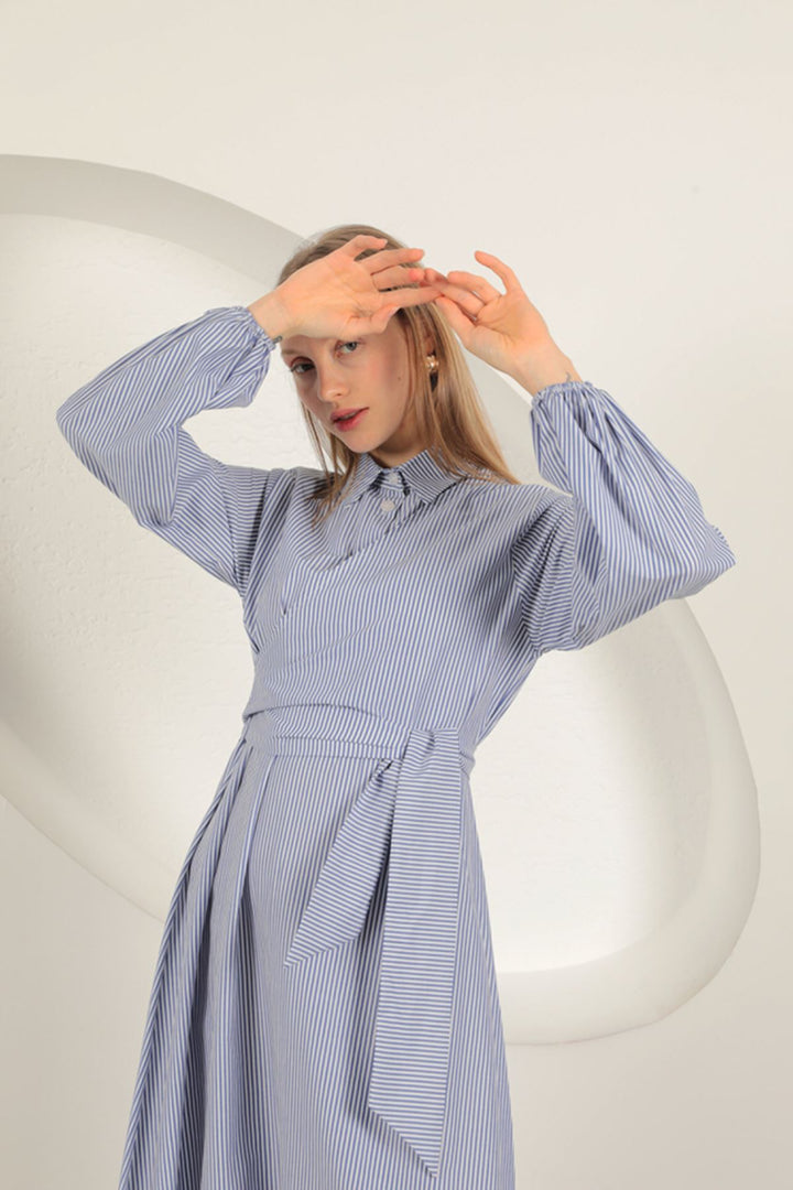KKT Striped Tie Detail Dress-Sax - Waterford