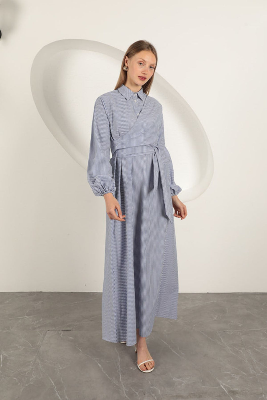KKT Striped Tie Detail Dress-Sax - Waterford