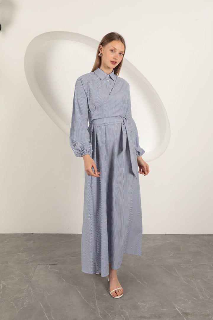 KKT Striped Tie Detail Dress-Sax - Waterford