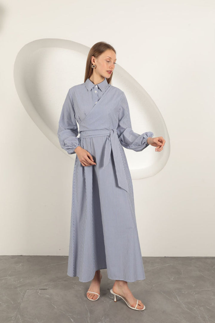 KKT Striped Tie Detail Dress-Sax - Waterford