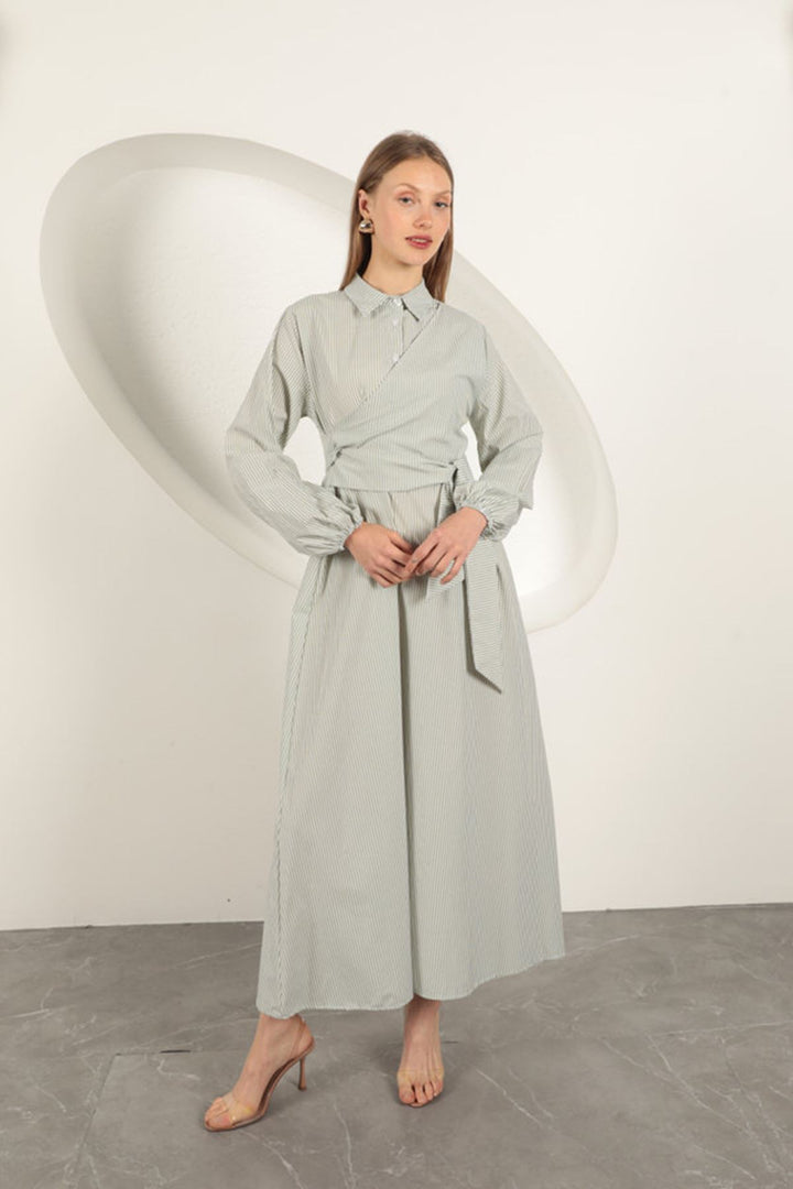 KKT Striped Tie Detail Dress-Khaki - Bolton