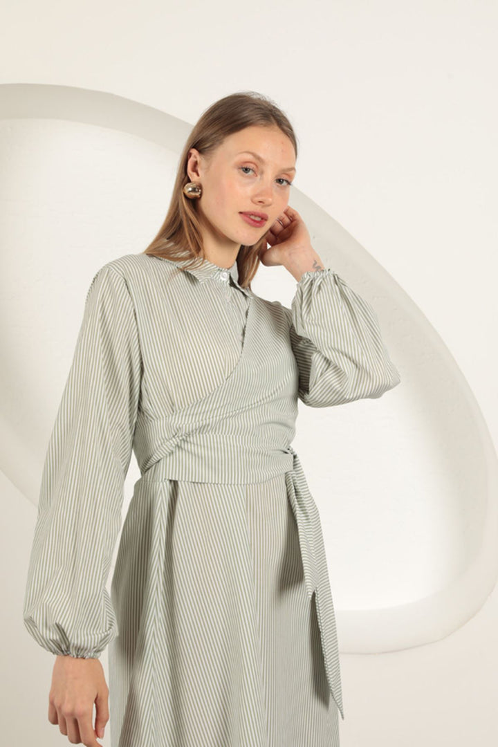 KKT Striped Tie Detail Dress-Khaki - Bolton