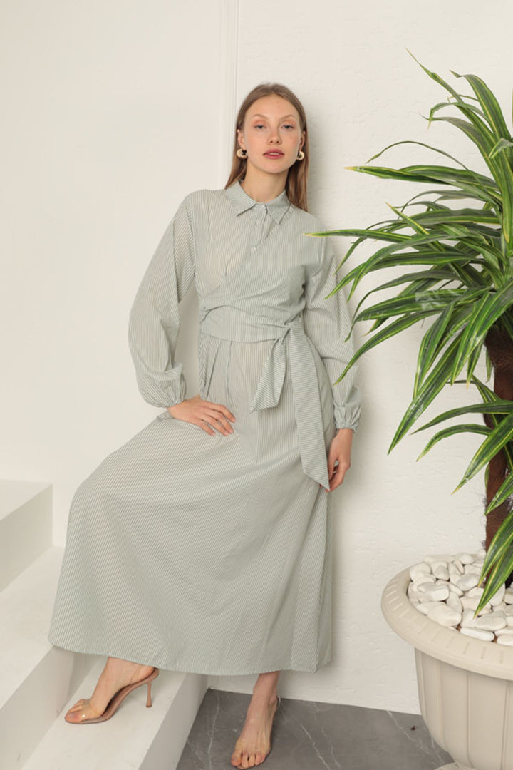 KKT Striped Tie Detail Dress-Khaki - Bolton