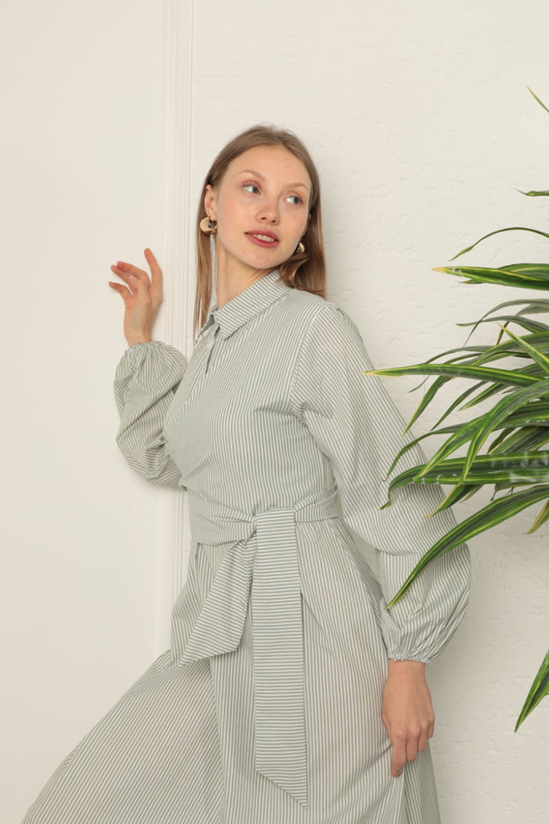 KKT Striped Tie Detail Dress-Khaki - Bolton