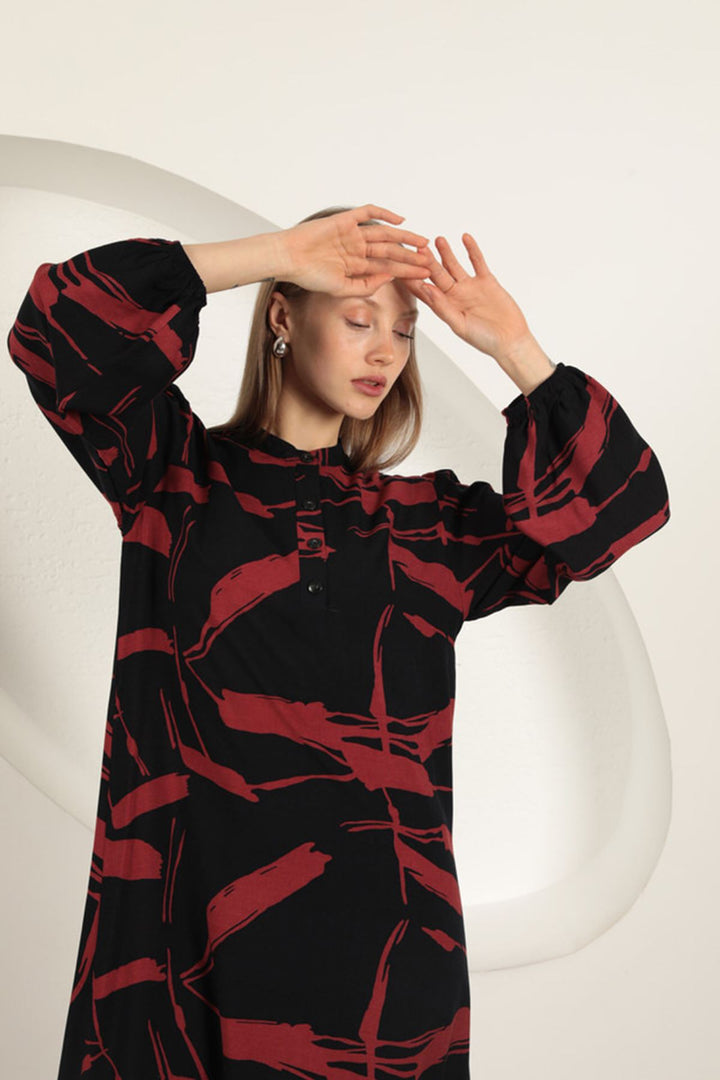 KKT Viscose Fabric Patterned Dress-Burgundy - West Bromwich