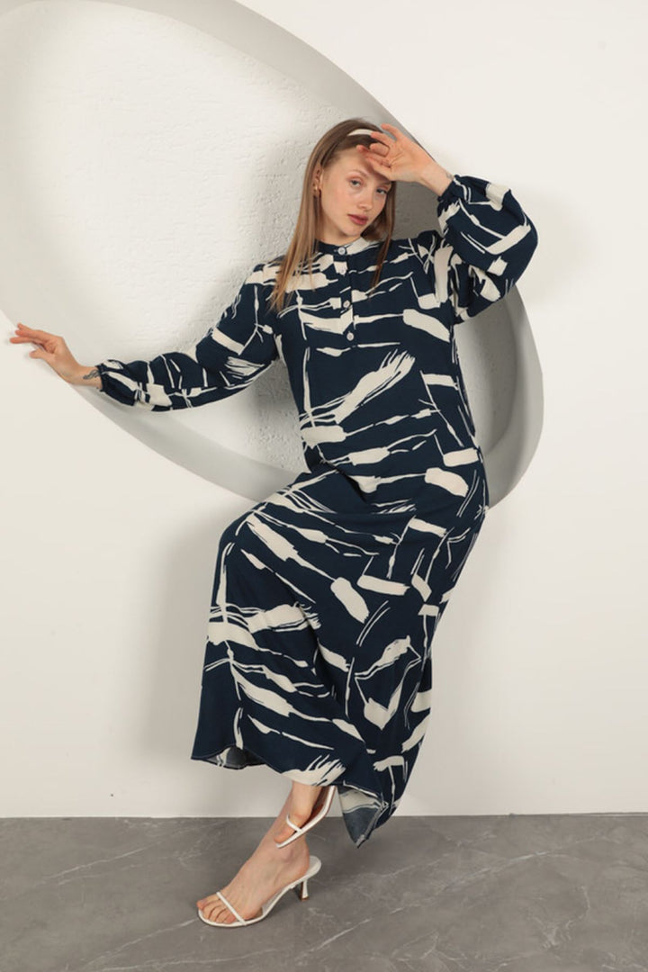 KKT Viscose Fabric Patterned Dress-Navy Blue - Dubuque