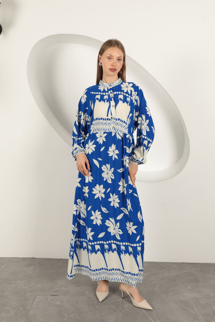 KKT Viscose Fabric Flower Patterned Dress-Sax - Streamwood