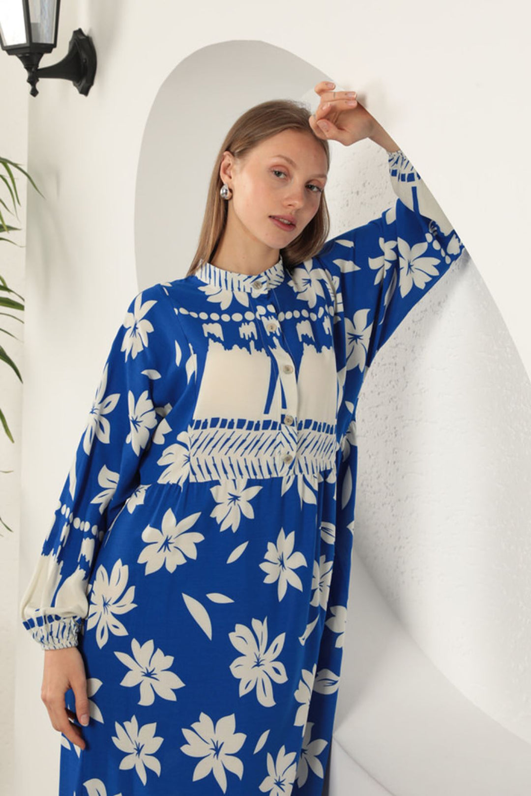KKT Viscose Fabric Flower Patterned Dress-Sax - Streamwood