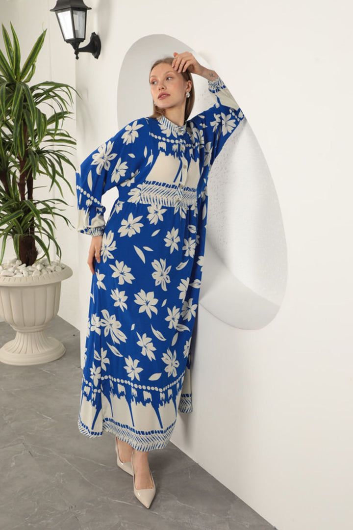 KKT Viscose Fabric Flower Patterned Dress-Sax - Streamwood
