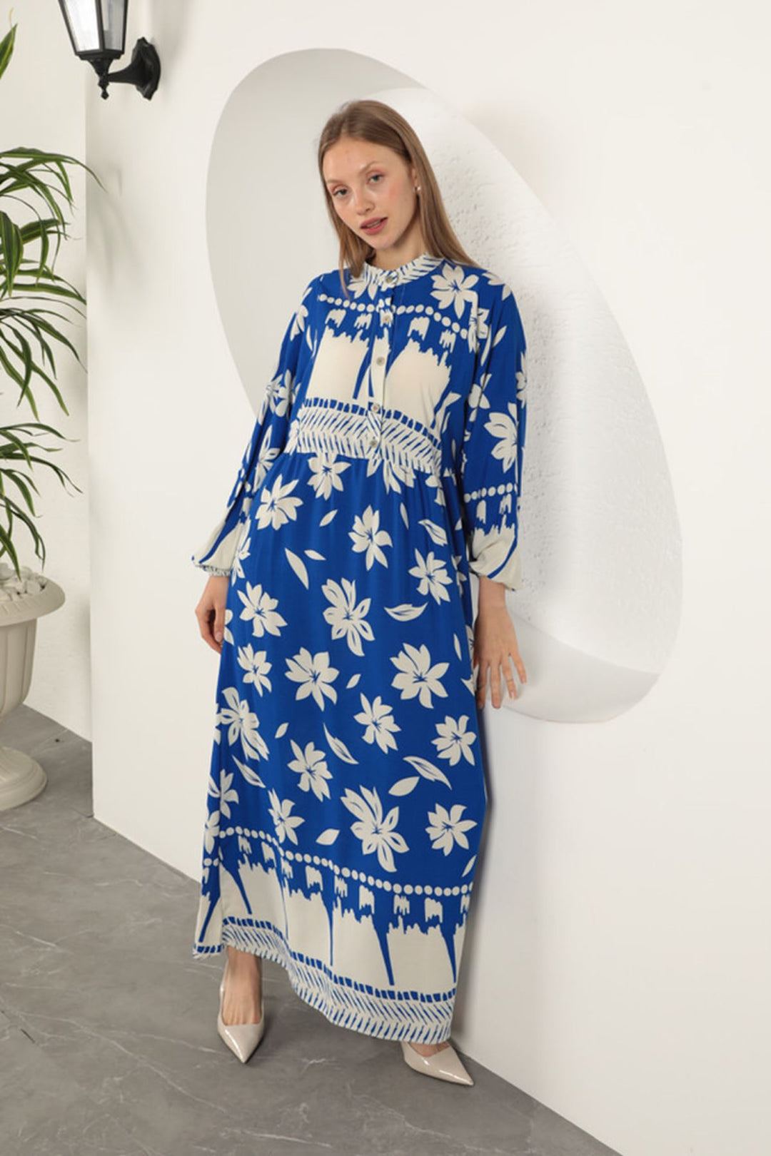 KKT Viscose Fabric Flower Patterned Dress-Sax - Streamwood