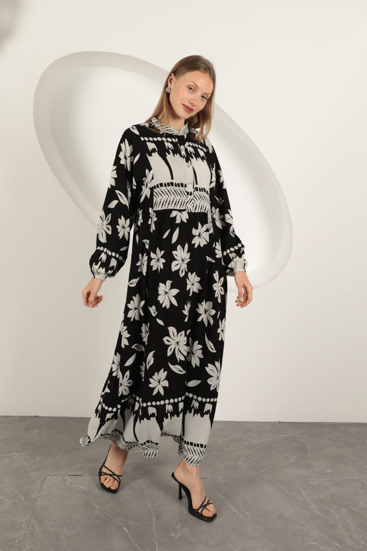 KKT Viscose Fabric Floral Patterned Dress-Black - Rogers