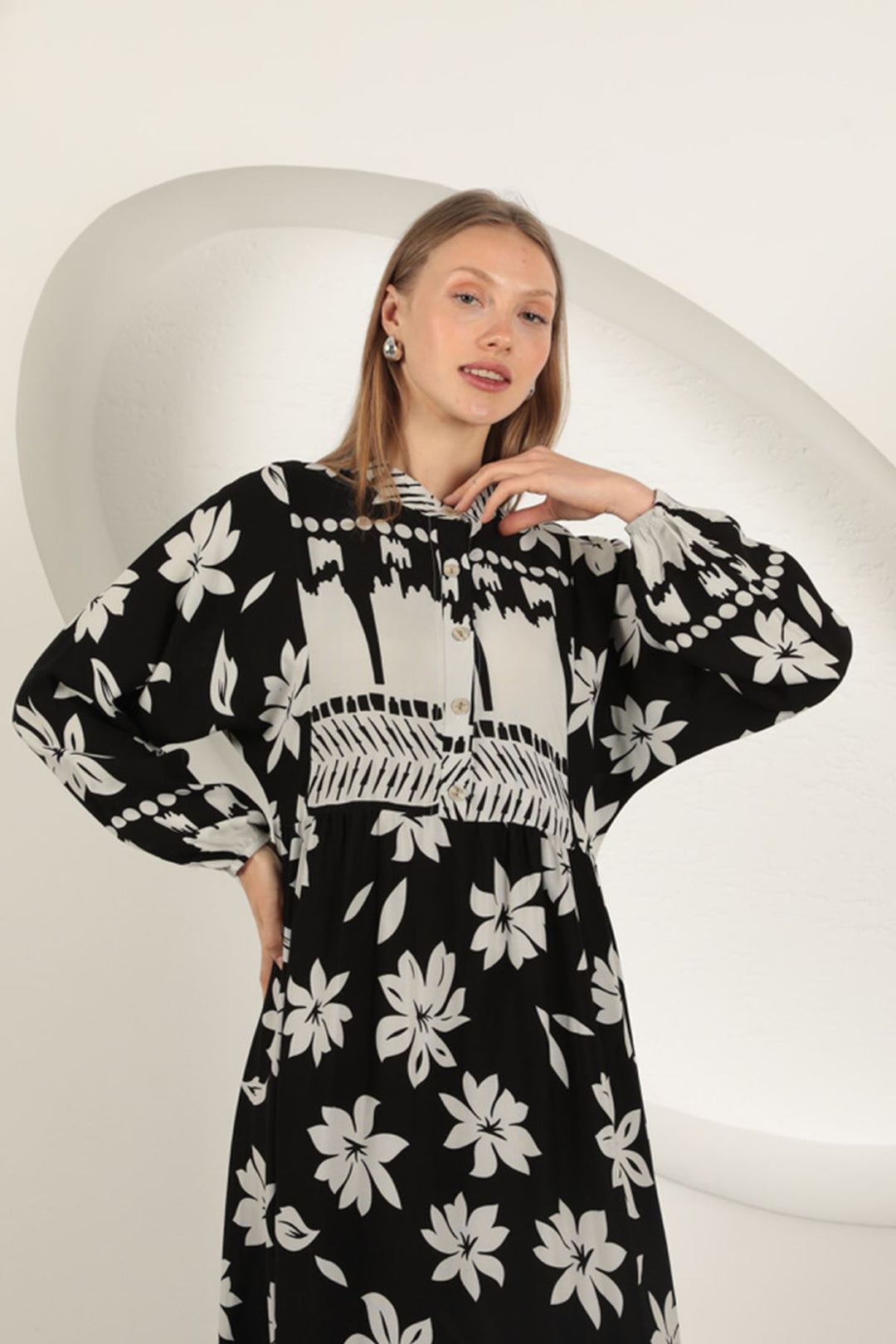 KKT Viscose Fabric Floral Patterned Dress-Black - Rogers