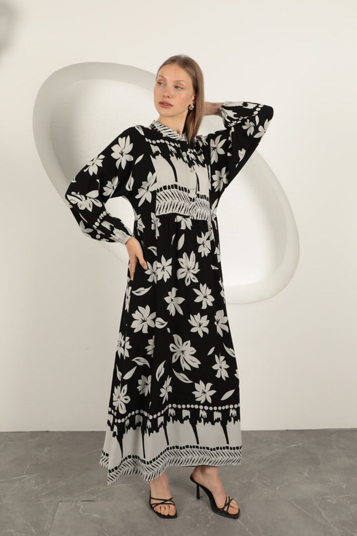 KKT Viscose Fabric Floral Patterned Dress-Black - Rogers