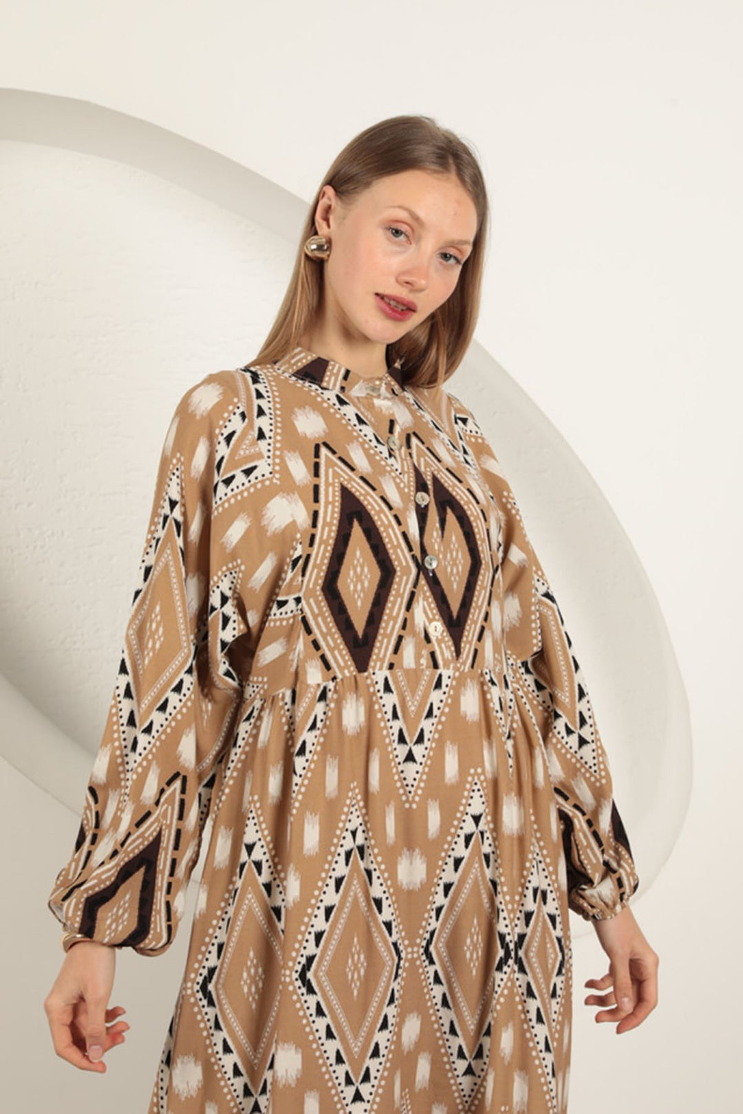 KKT Viscose Fabric Ethnic Pattern Dress-Beige - Korydallós