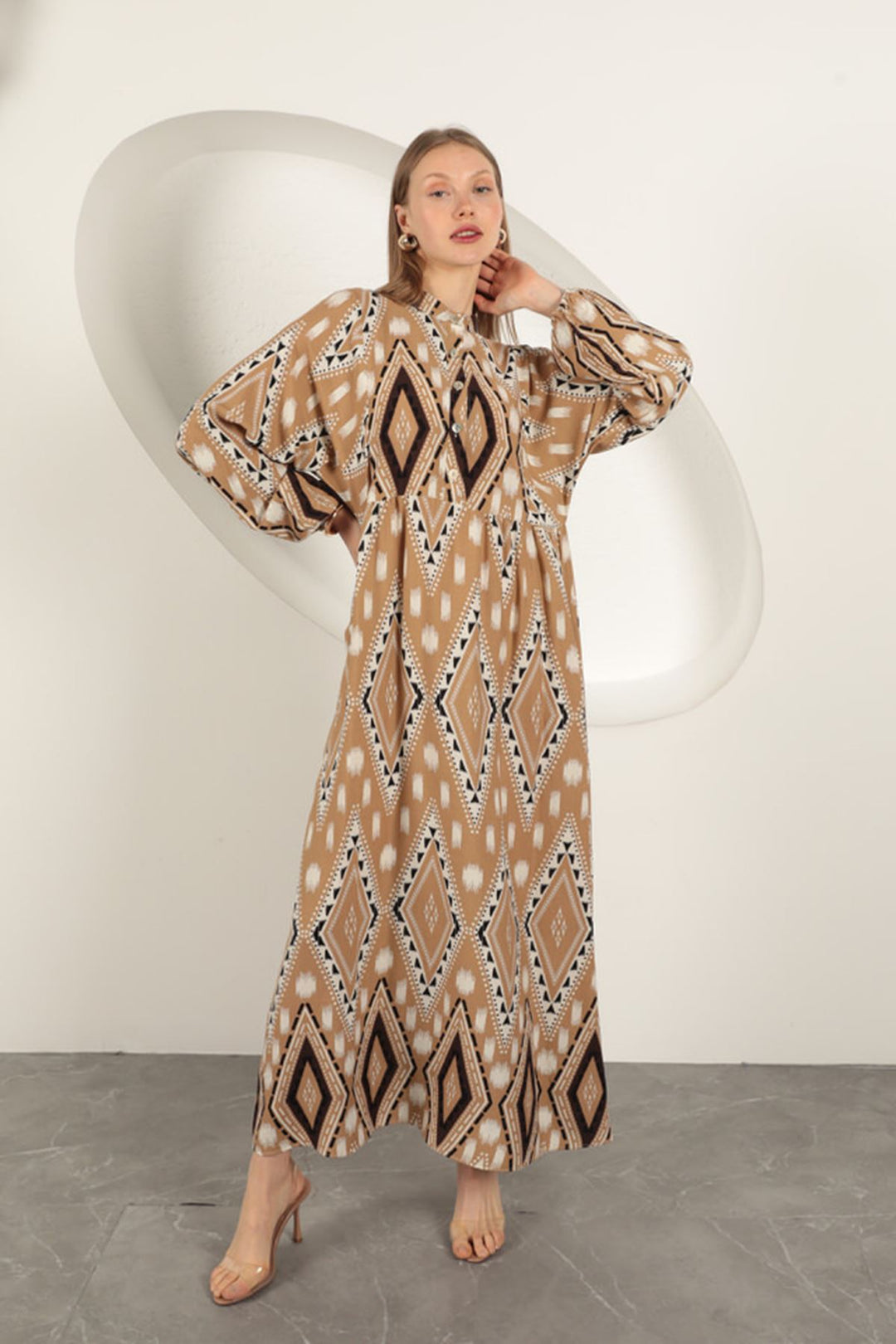 KKT Viscose Fabric Ethnic Pattern Dress-Beige - Korydallós