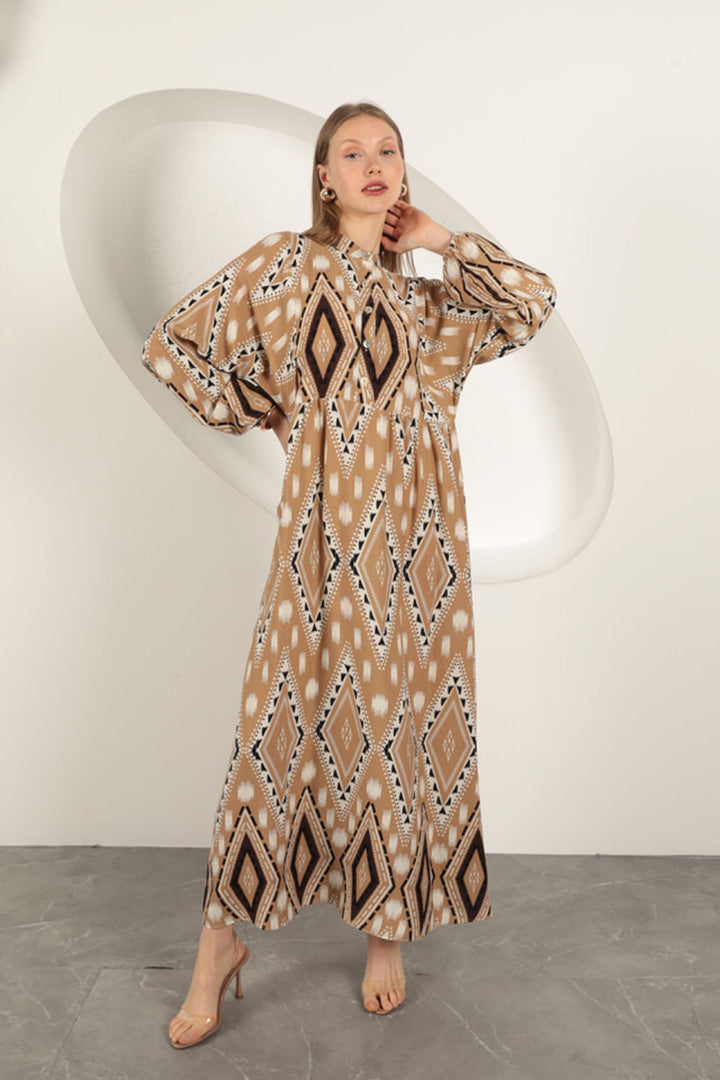 KKT Viscose Fabric Ethnic Pattern Dress-Beige - Korydallós