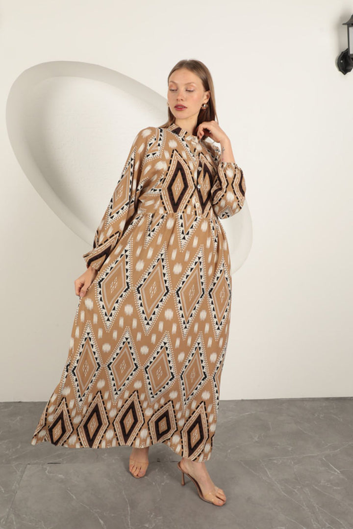 KKT Viscose Fabric Ethnic Pattern Dress-Beige - Korydallós