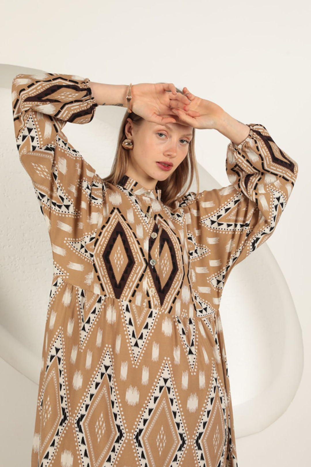KKT Viscose Fabric Ethnic Pattern Dress-Beige - Korydallós