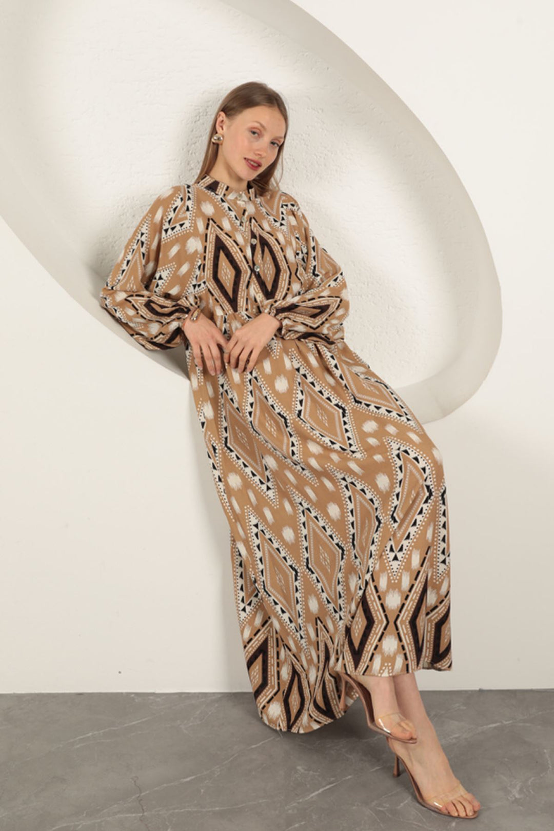 KKT Viscose Fabric Ethnic Pattern Dress-Beige - Korydallós
