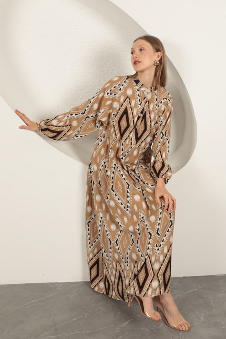 KKT Viscose Fabric Ethnic Pattern Dress-Beige - Korydallós