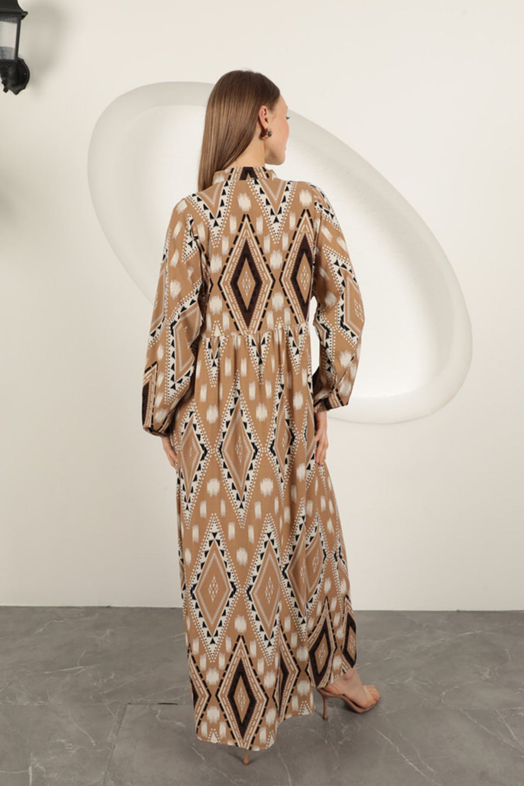 KKT Viscose Fabric Ethnic Pattern Dress-Beige - Korydallós