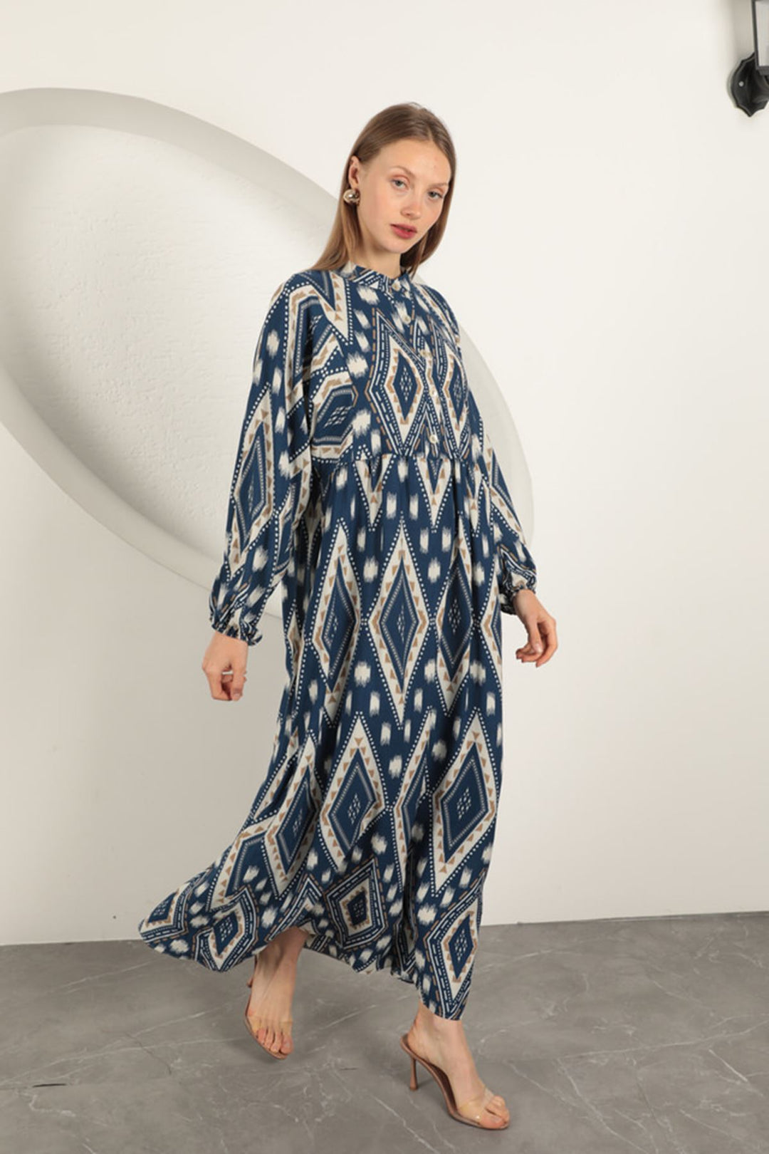 KKT Viscose Fabric Ethnic Pattern Dress-Navy Blue - Ramapo